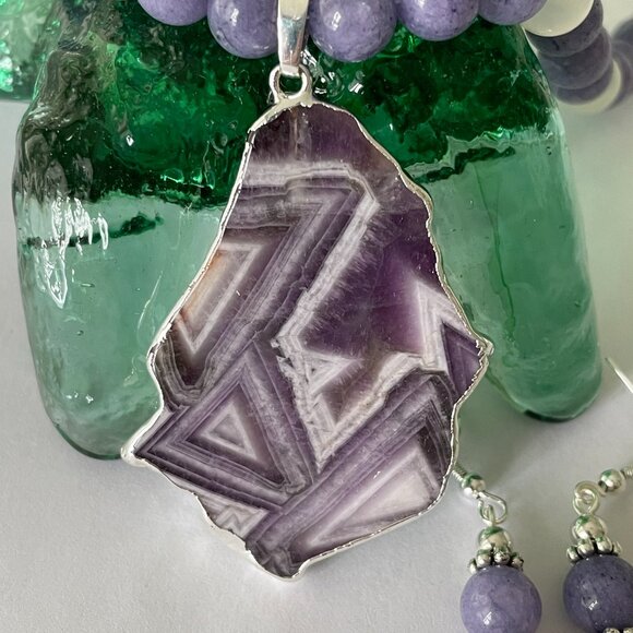 Amethyst Pendant Aquamarine and Agate Beads Necklace and Pierced Earring… - Picture 3 of 7